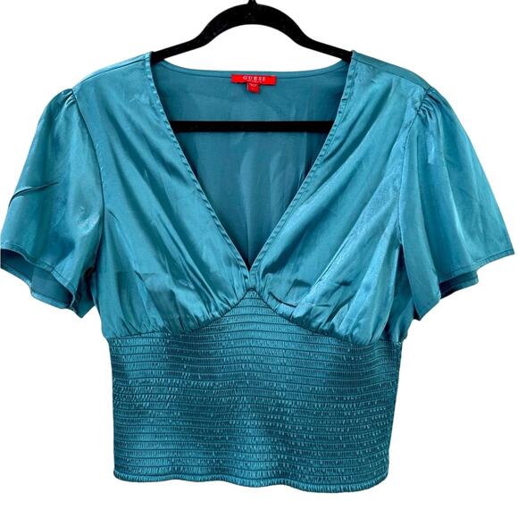 Guess Los Angeles Satiny Teal Blue V-Neck Smocked Blouse L - Picture 2 of 6